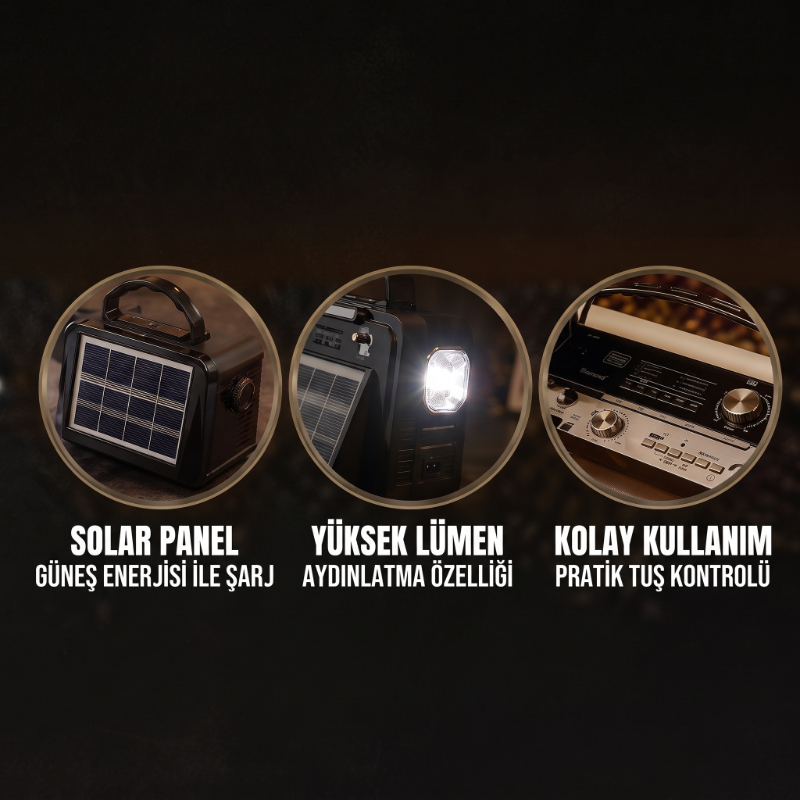 Nostalji Müzik Kutusu - Solar Panelli - Şarjlı - AUX Girişi - LED Fener - Bluetooth  - 3