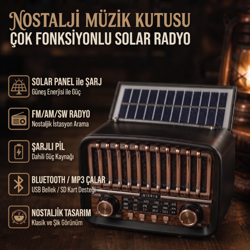 Solar Panelli FM Radyo - Şarjlı - Bluetooth Özellikli - AUX Girişli - Nostaljik Tasarım  - 2