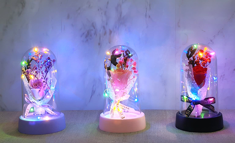 LED Işıklı Müzikli Cam Fanus İçinde Gül Buketi  