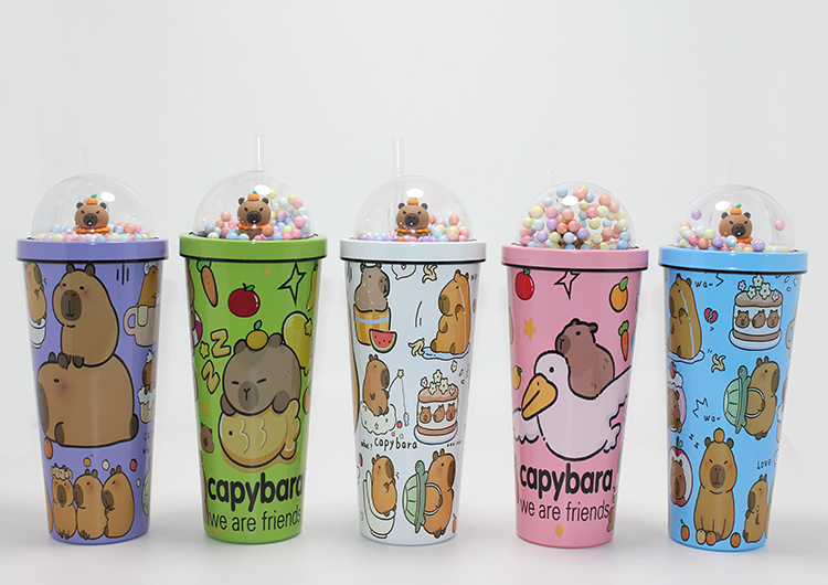 Sevimli Kapibara Pipetli Boncuklu Termos &amp; Suluk