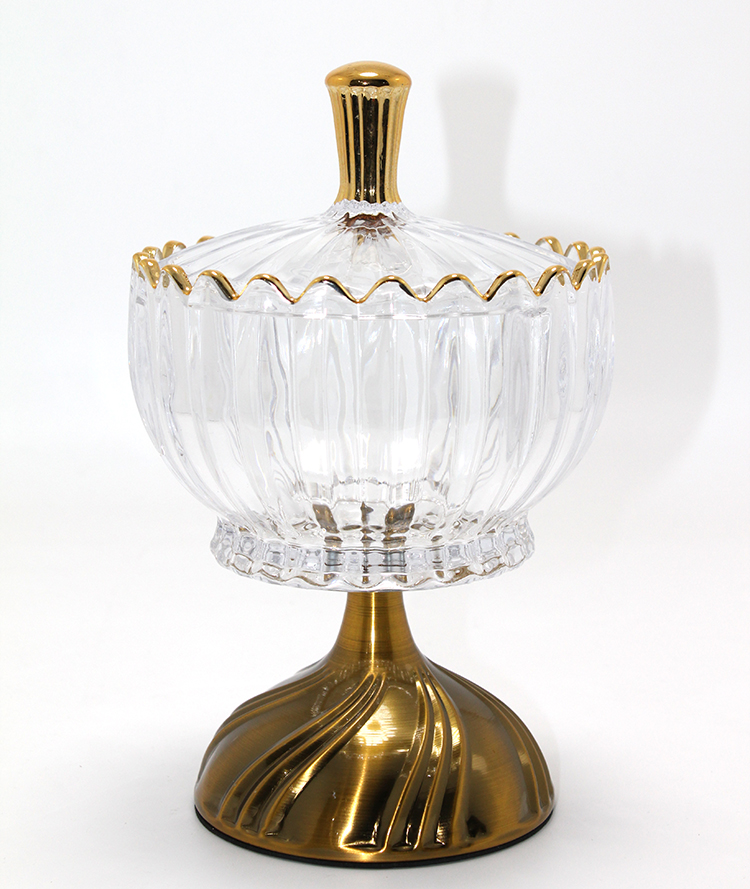Metal Ayaklı Kristal Cam Şekerlik Gold Detaylı Sunumluk