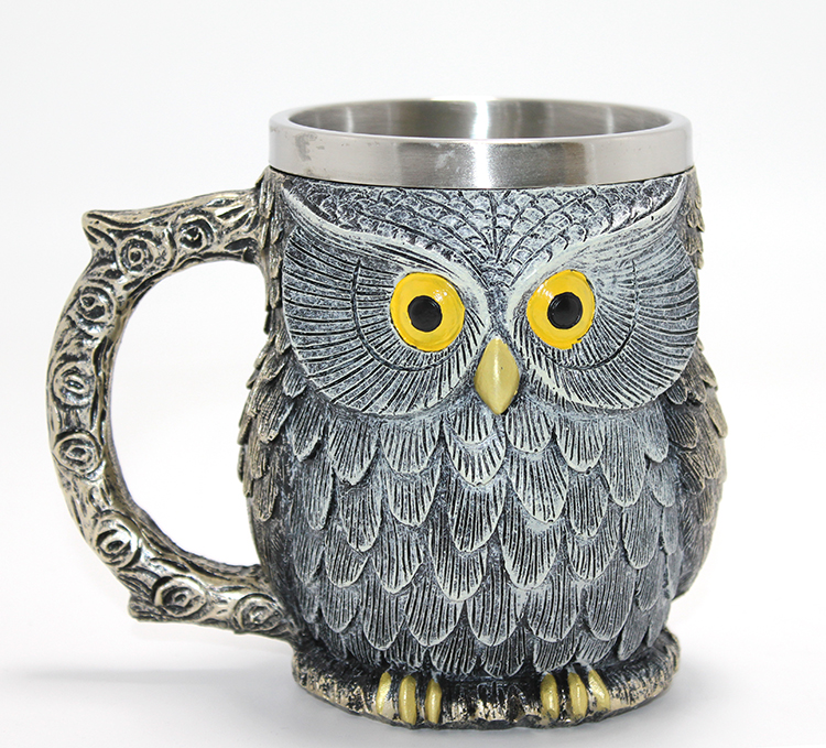 Bilge Baykuş Figürlü 3D Kabartmalı Paslanmaz Çelik Kupa Bardak