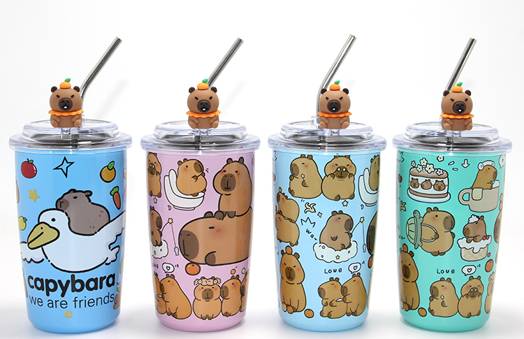 Capybara Figürlü Isı Muhafazalı Metal Pipetli Paslanmaz Çelik Kupa 