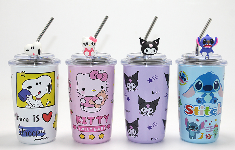 Popüler Karakter Figürlü Isı Muhafazalı Metal Pipetli Çelik Kupa 
