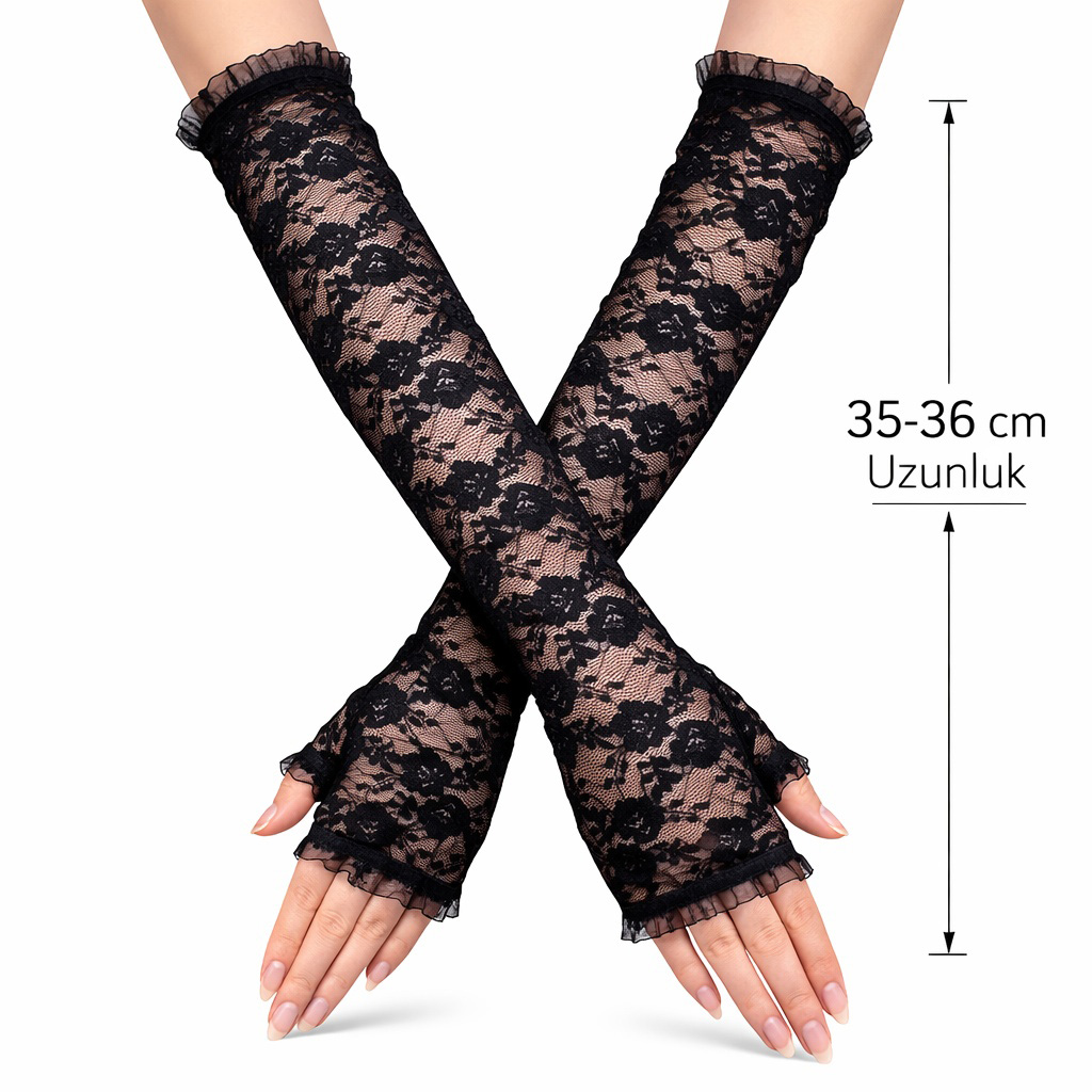 Uzun Zarif Dantel Eldiven Parmaksız Siyah 