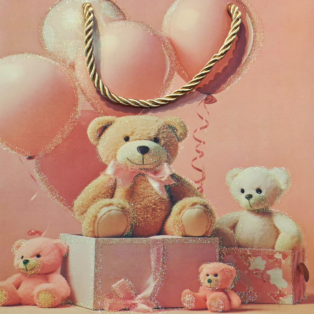 Ayıcık Desenli Pembe Küçük Boy Karton Hediye Çantası - 3