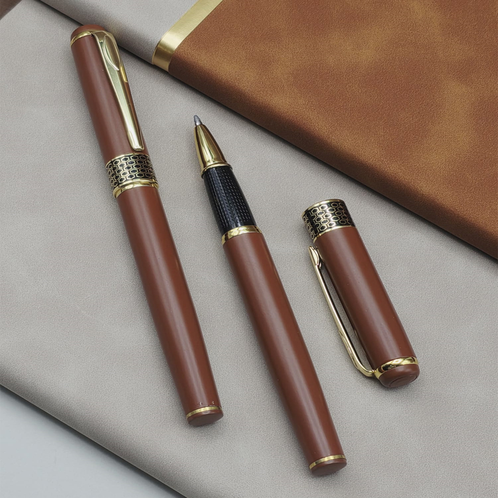 Taba Rengi Gold Detaylı Termo Deri Defter Ve Metal Roller Kalem Hediye Seti - 3