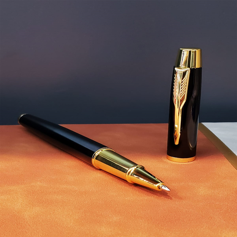 Siyah Gold Detaylı Termo Deri Defter Ve Metal Roller Kalem Hediye Seti   - 4