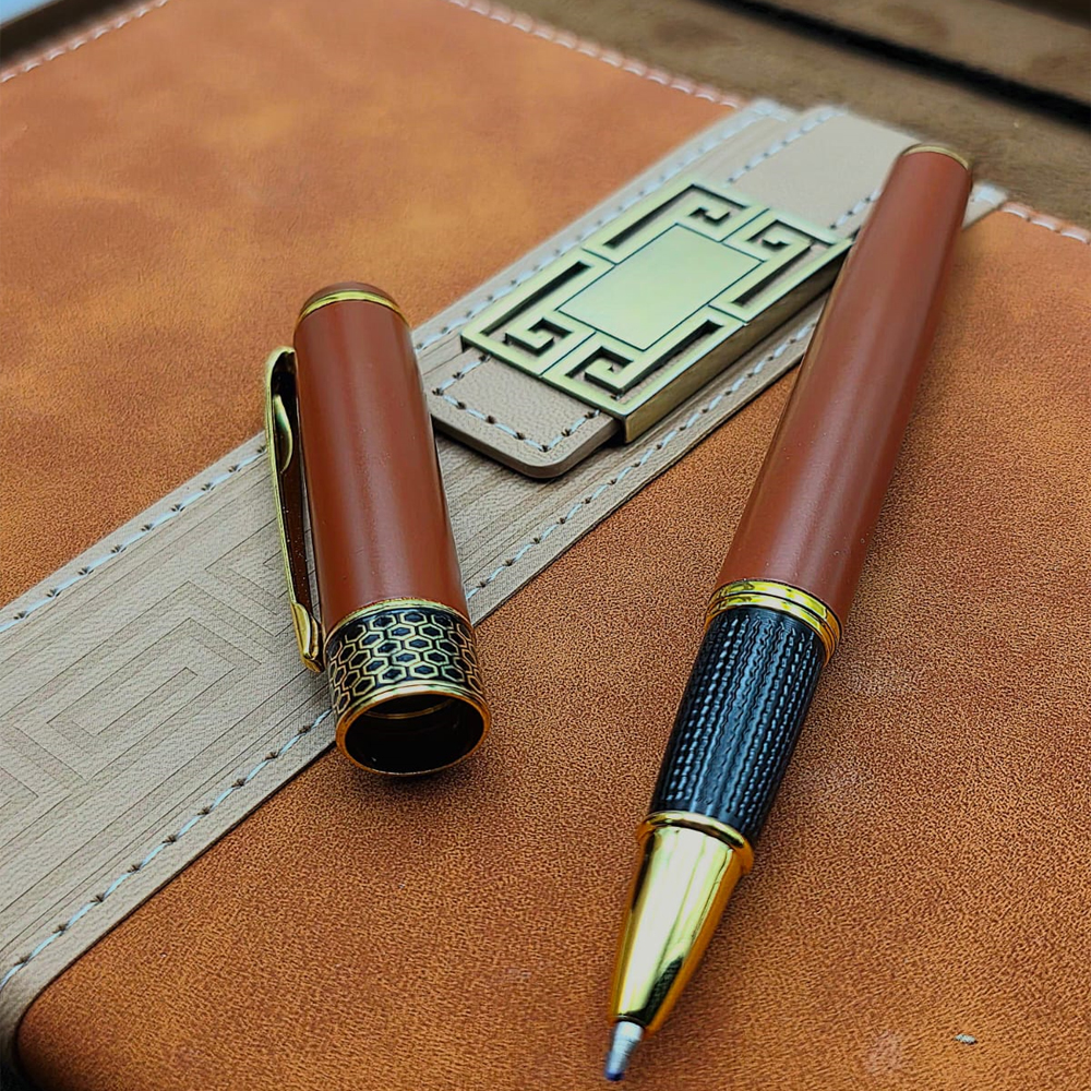 Taba Rengi Termo Deri Defter Ve Metal Roller Kalem Seti  - 3
