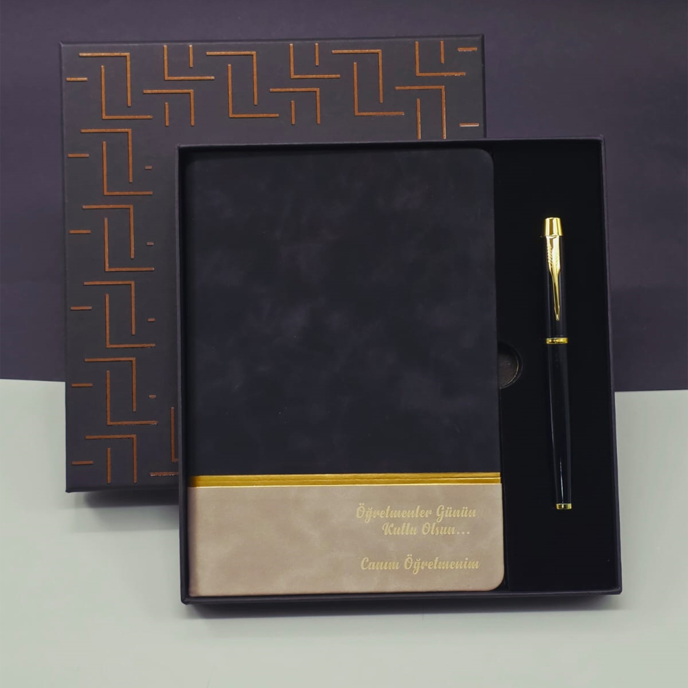 Öğretmenler Günü Özel Siyah Deri Defter Ve Metal Roller Kalem Hediye Seti 