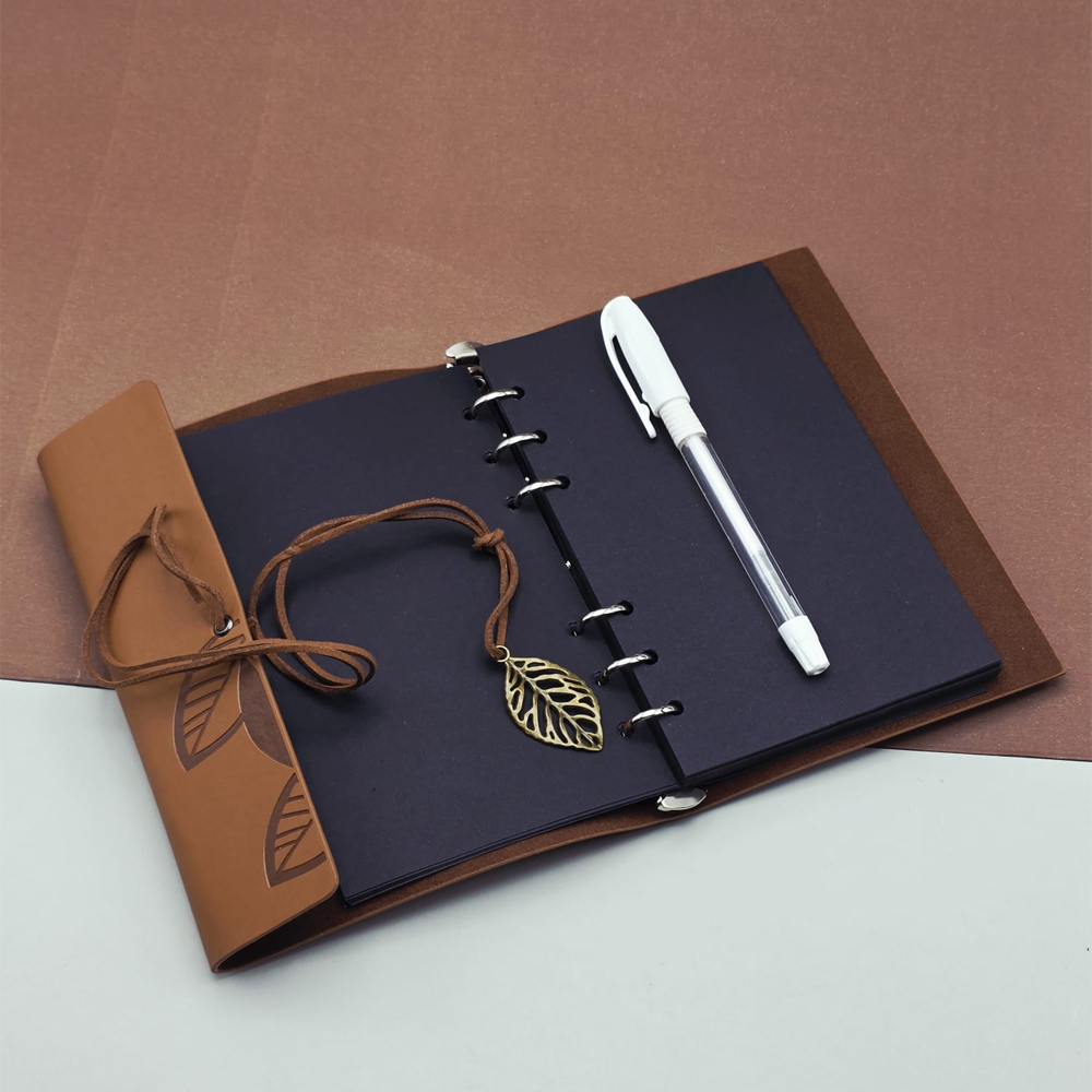 Siyah Yapraklı Deri Defter Ve Beyaz Jel Kalem Seti - 3