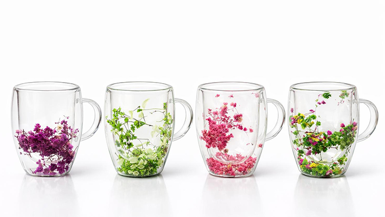 Çift Camlı Çiçekli Borosilikat Kupa Bardak - Model 2