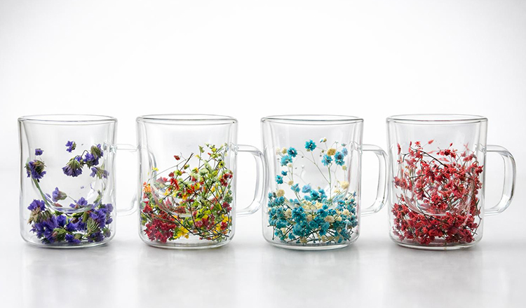 Çift Camlı Çiçekli Borosilikat Kupa Bardak - Model 3