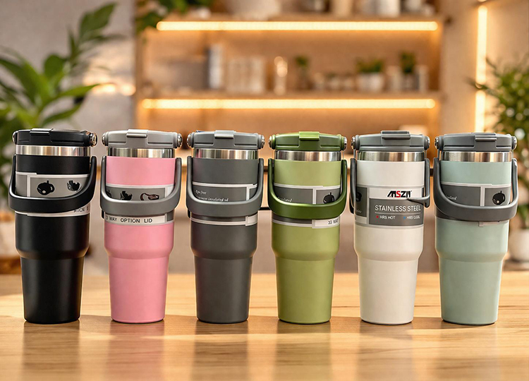Renkli 700 ml Taşıma Kulplu Paslanmaz Çelik Termos Mug Bardak 