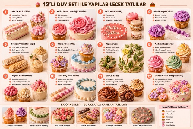Profesyonel Pastalar İçin Tam Donanımlı 12'li Dekorasyon Seti (Paslanmaz Çelik Duy Seti) - 3