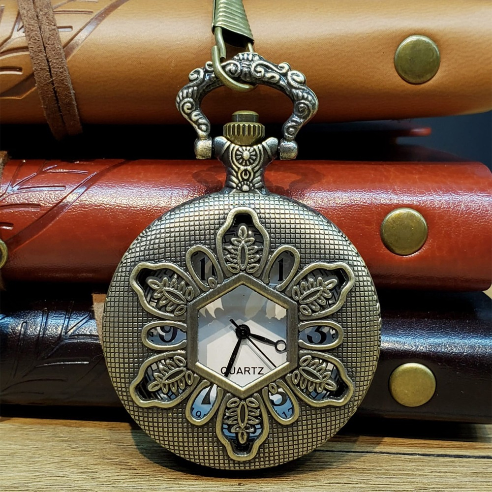 Geometrik Oymalı Tasarım - Köstekli Zincirli Cep Saati - Vintage Bronz - 4