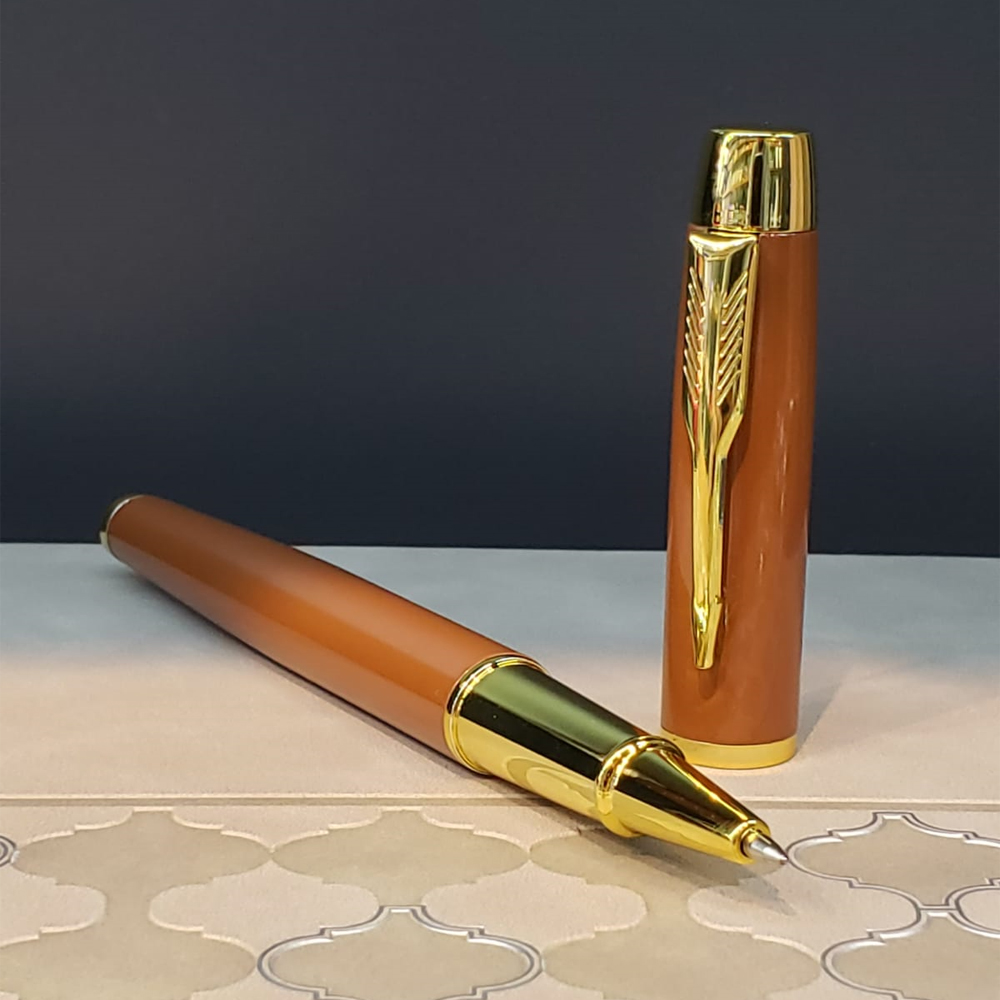 Altın Şeritli Taba Deri Defter - Kahverengi Roller Kalem - Kutulu Özel Hediye Seti - 5