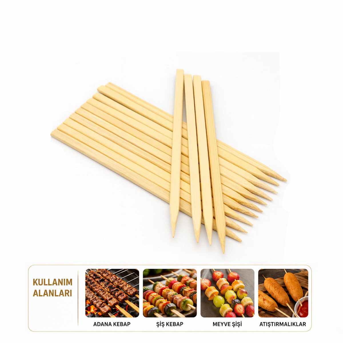 60 Adet Ahşap Geniş Çöp Şiş - Adana Kebap Şişi - 25 cm 