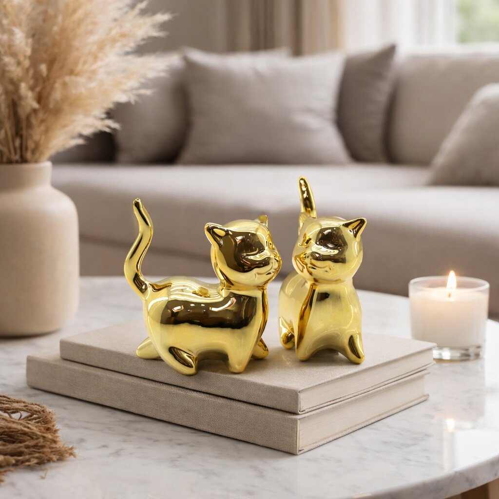 Kedi Tasarımlı Biblo - Büyük Boy - Seramik - Parlak Altın  - 2