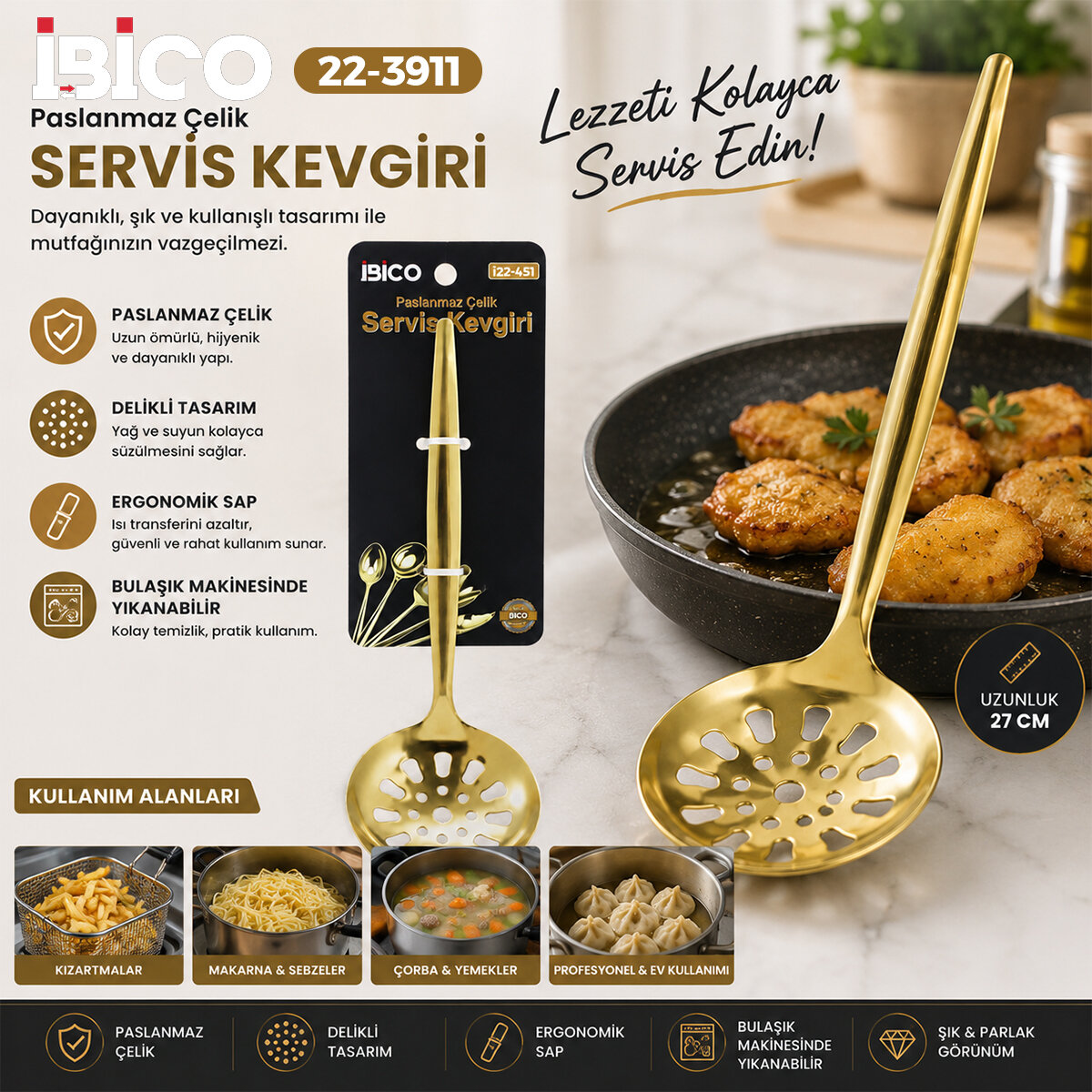Metal Servis Kevgiri - 27 cm - Gold Renk  - 2