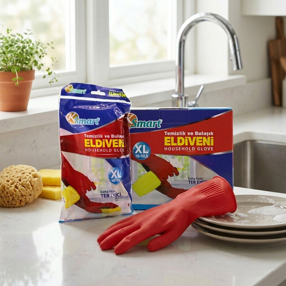 XL Beden Temizlik ve Bulaşık Eldiveni - Doğal Pamuk Astarlı - Plastik - 2