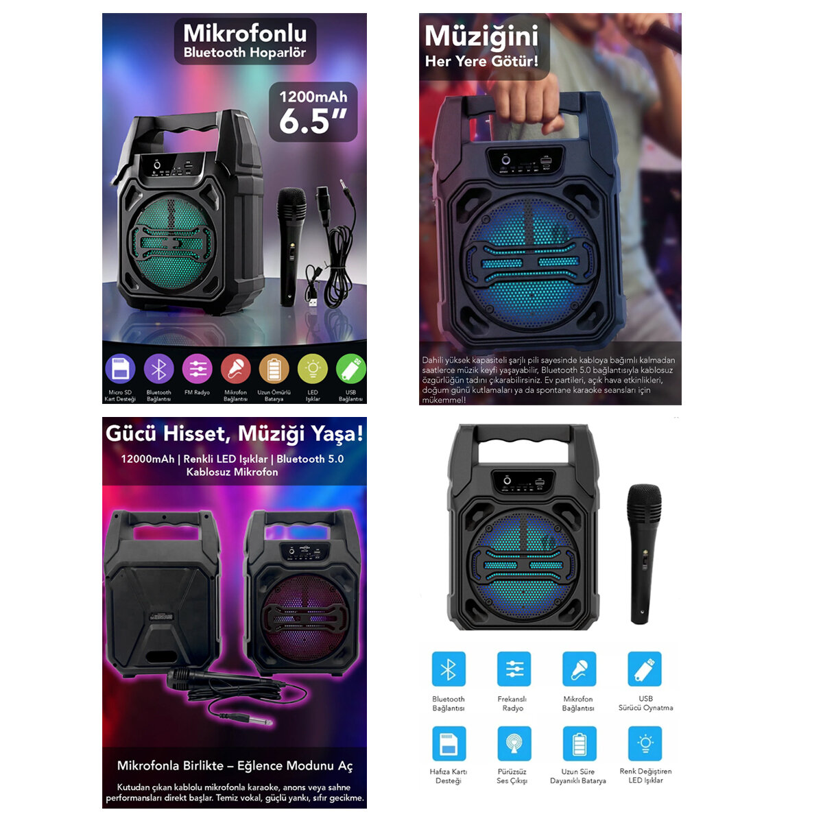Mikrofonlu Bluetooth Hoparlör - LED Işıklı - USB Şarjlı - AUX Destekli 