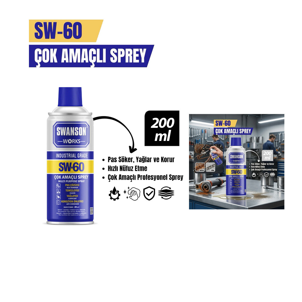 Çok Amaçlı Yağlayıcı Sprey - 200 ml - Pas Sökücü - Profesyonel Sprey 