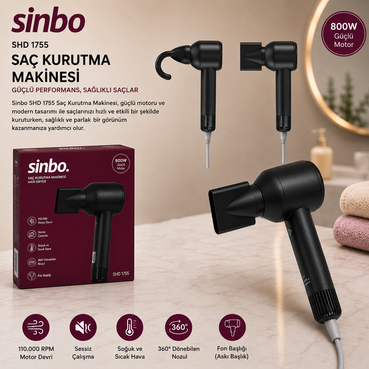 Sinbo Saç Kurutma Makinesi - Siyah Renk - Sessiz Çalışma Özelliği 