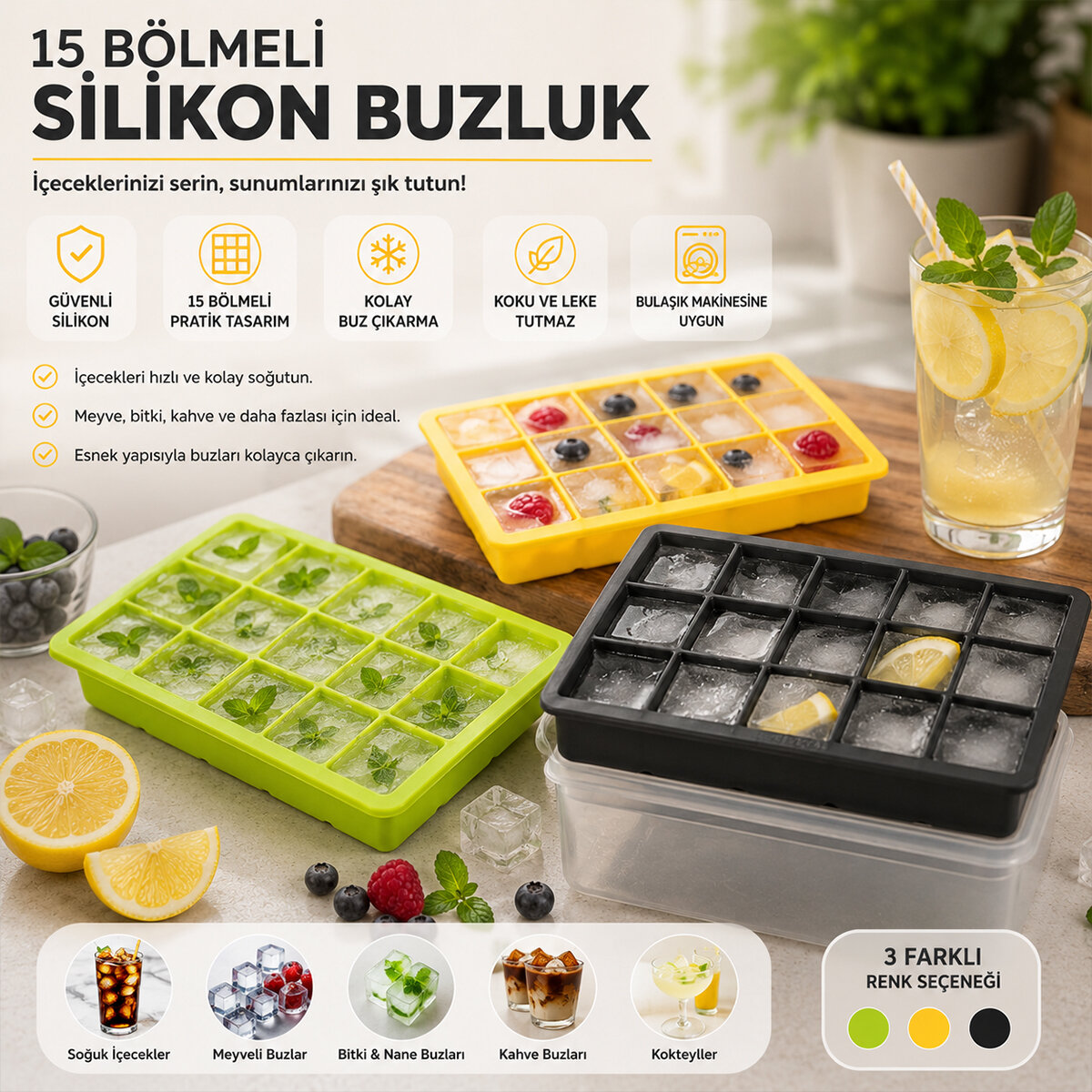 Renkli Pratik Buz Kalıbı - 15 Bölmeli - Silikon  - 2