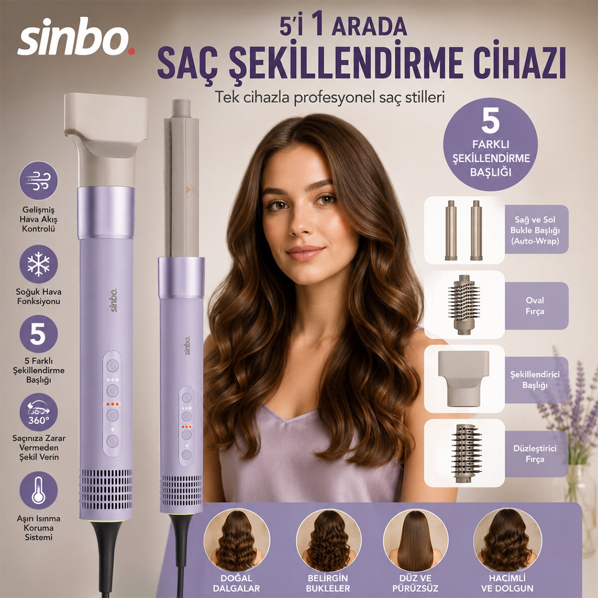 Sinbo Saç Şekillendirme Cihazı - 5 Başlıklı - 3 Kademeli Hız ve Sıcaklık Ayarı  - 2