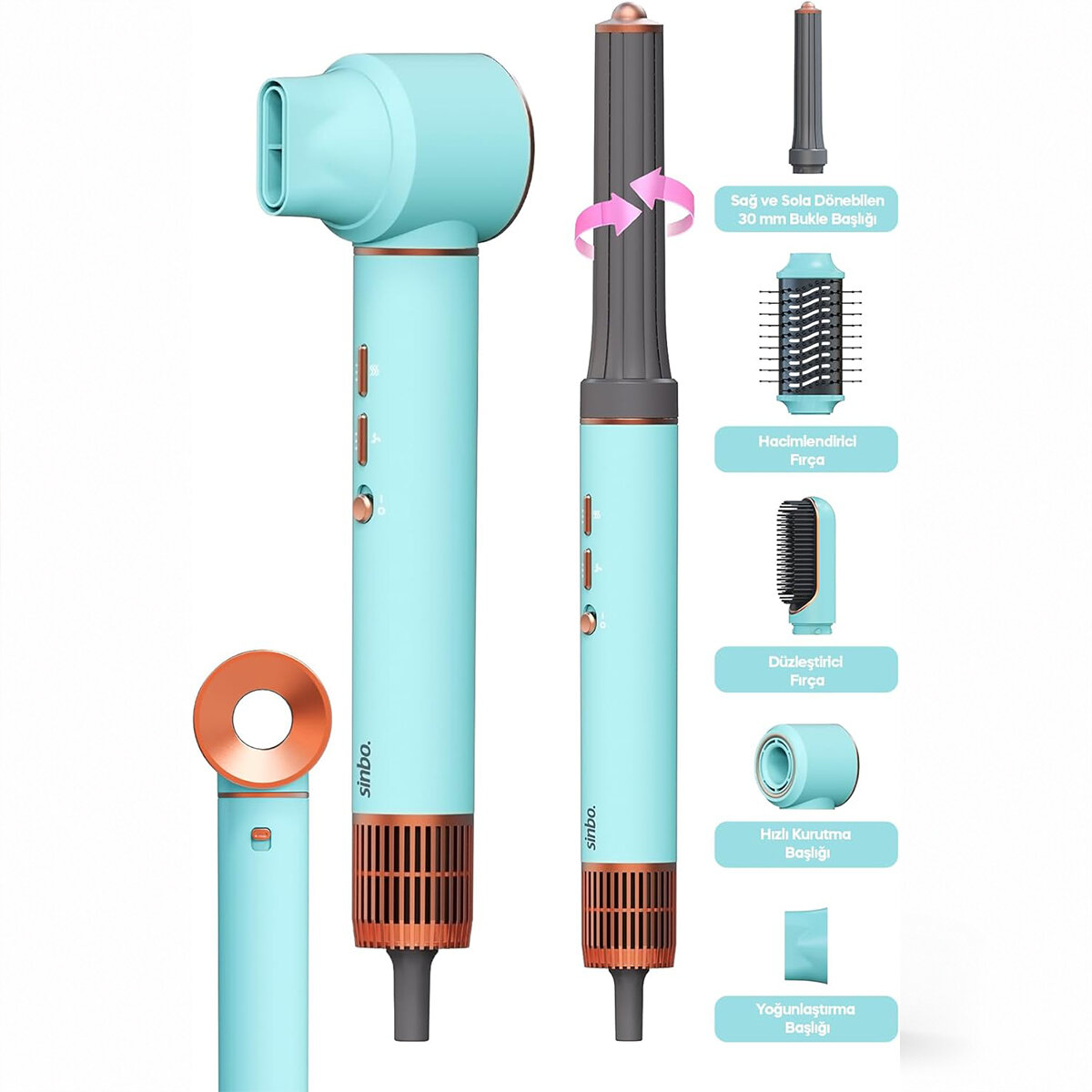 Sinbo Air Brush Saç Şekillendirme Cihazı - 5 Başlıklı - Mavi Renk 