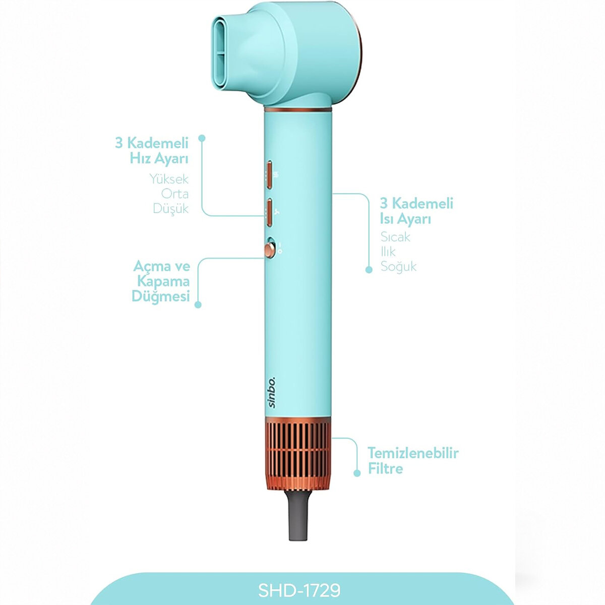 Sinbo Air Brush Saç Şekillendirme Cihazı - 5 Başlıklı - Mavi Renk  - 3