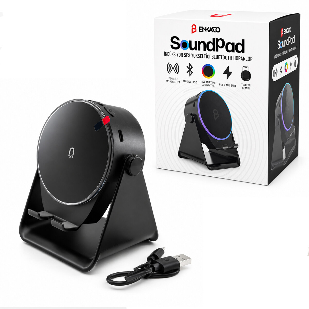 SoundPad Bluetooth Hoparlör - İndüksiyon Temas Özellikli - Telefon Standlı - Type-C Şarj - RGB Ambiyans Aydınlatma 