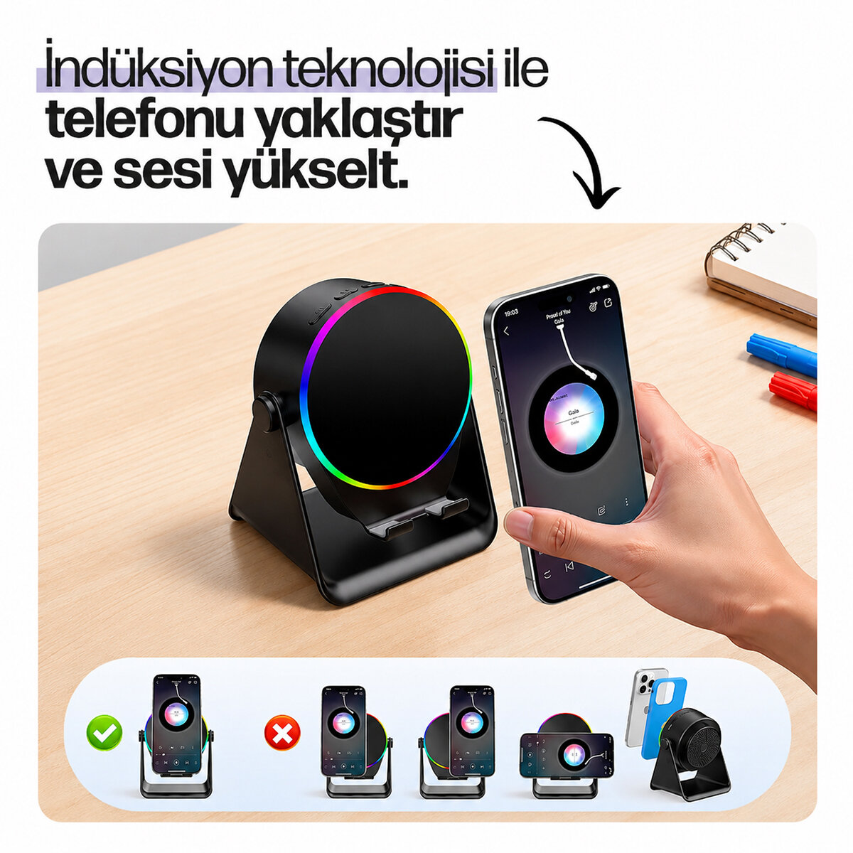 SoundPad Bluetooth Hoparlör - İndüksiyon Temas Özellikli - Telefon Standlı - Type-C Şarj - RGB Ambiyans Aydınlatma  - 3