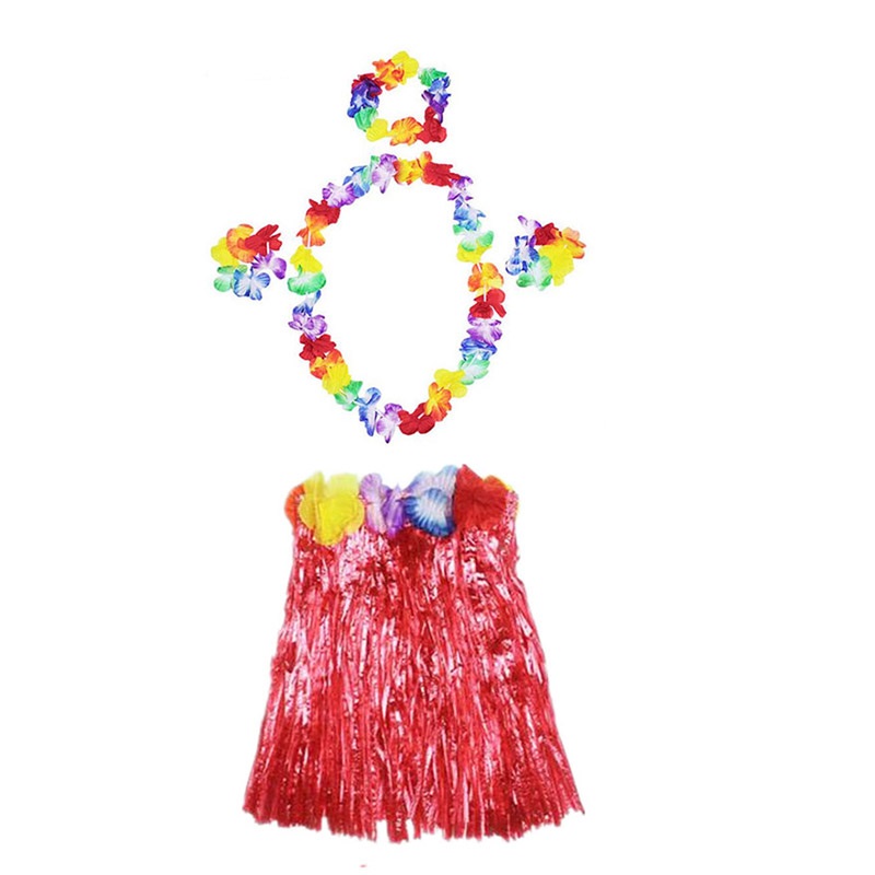 Kırmızı Hawaii Seti - Kolye, Etek, Taç ve Bileklik 