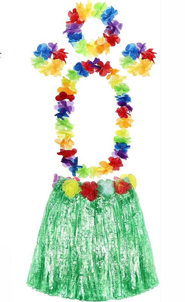 YETIŞKIN VE ÇOCUK UYUMLU LUAU ALOHA HAWAII YEŞIL ETEK VE RENKLI KOLYE TAÇ 2 ADET BILEKLIK SETI