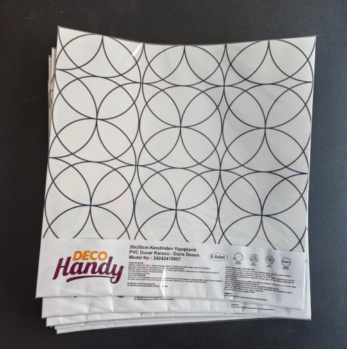 DecoHandy Pvc Duvar Karosu 30x30cm 4'lü Paket - Siyah Daire Geometrik Desen 0,36m2