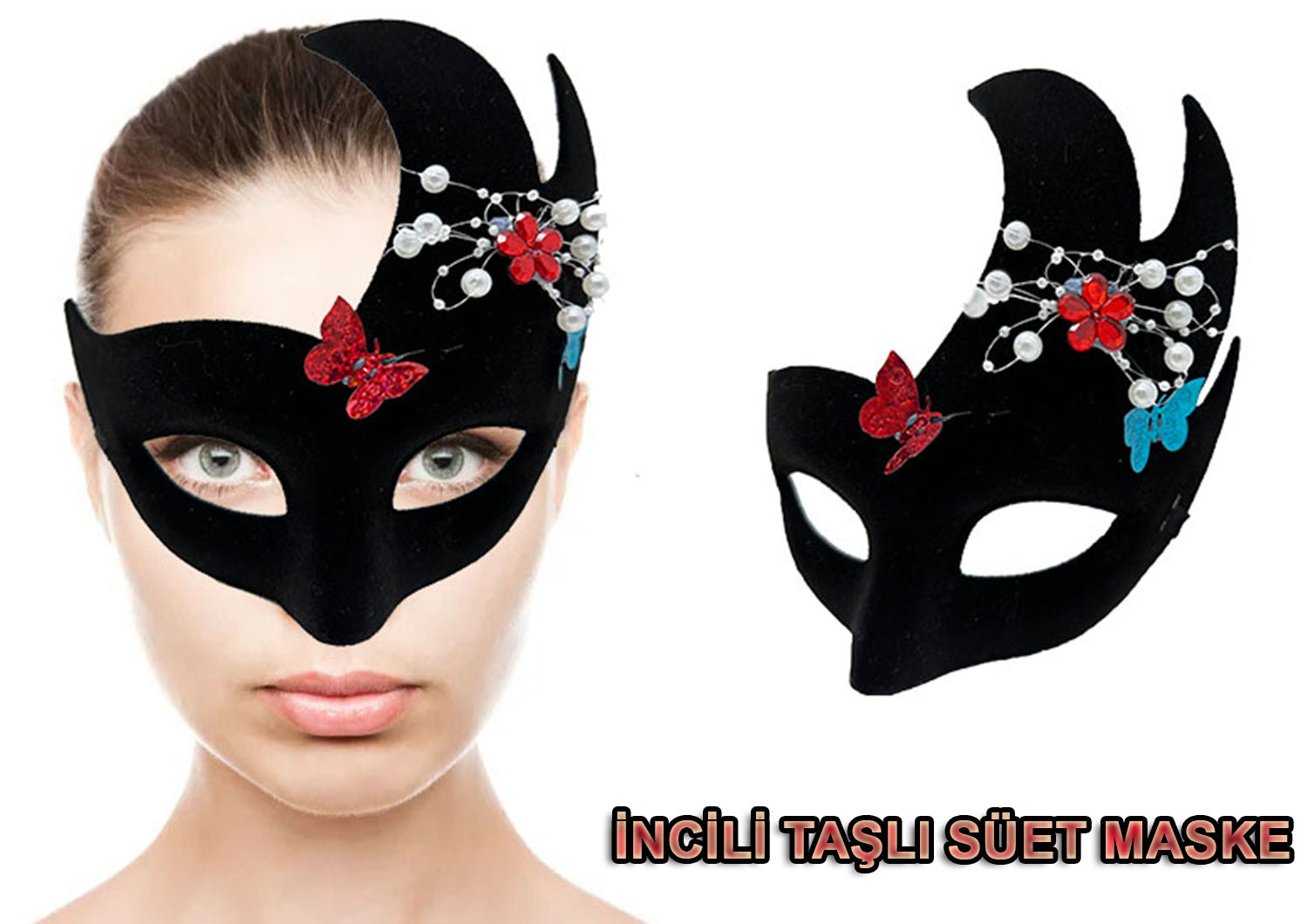 Siyah İncili Taşlı Süet Venedik Parti Maskesi - 2