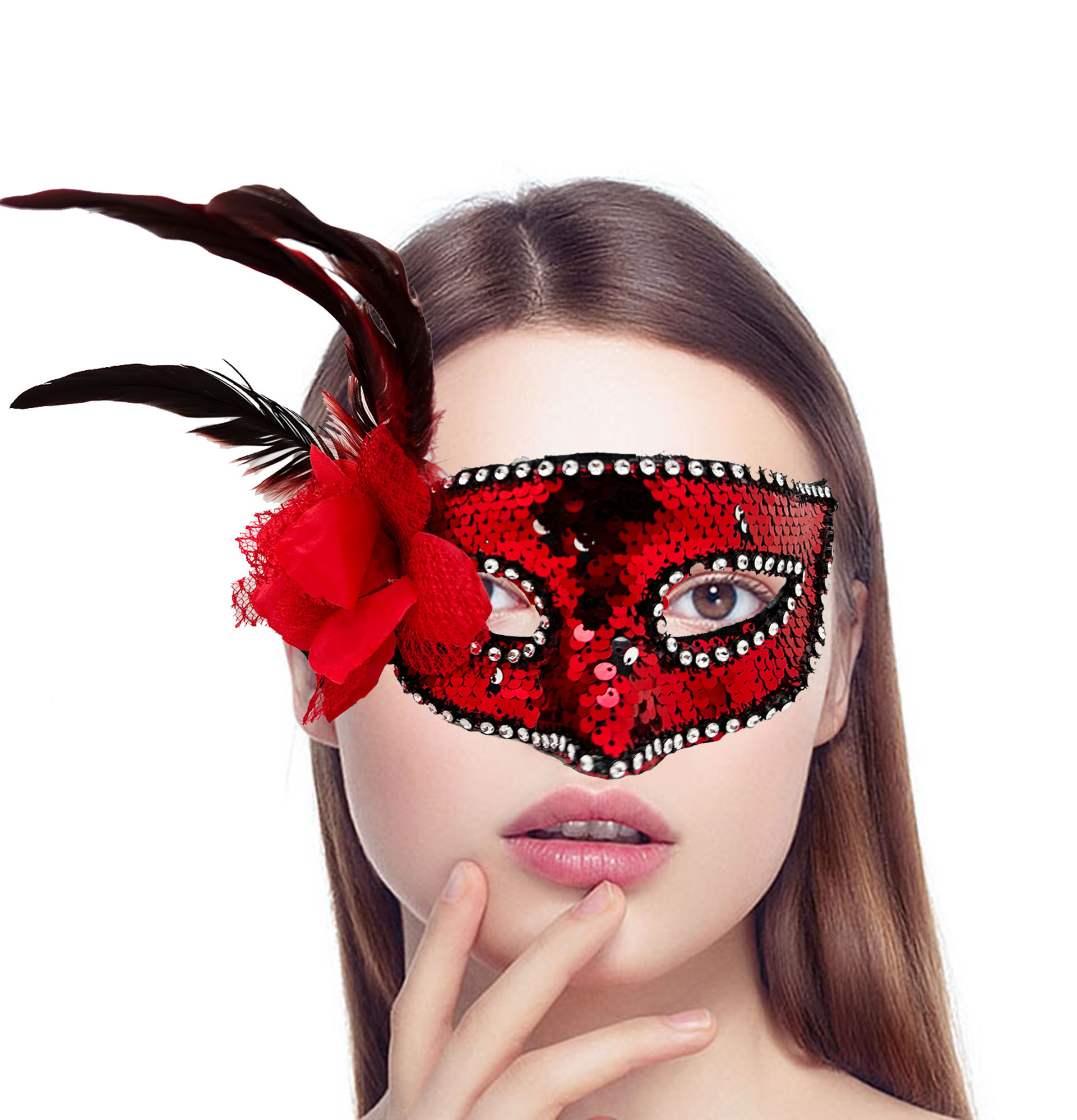 Kırmızı Yandan Tüylü Güllü Taşlı Pullu Maske - 2