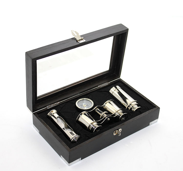 Ahşap Kutulu Pirinç Dürbün Pusula Ve Kum Saati Seti