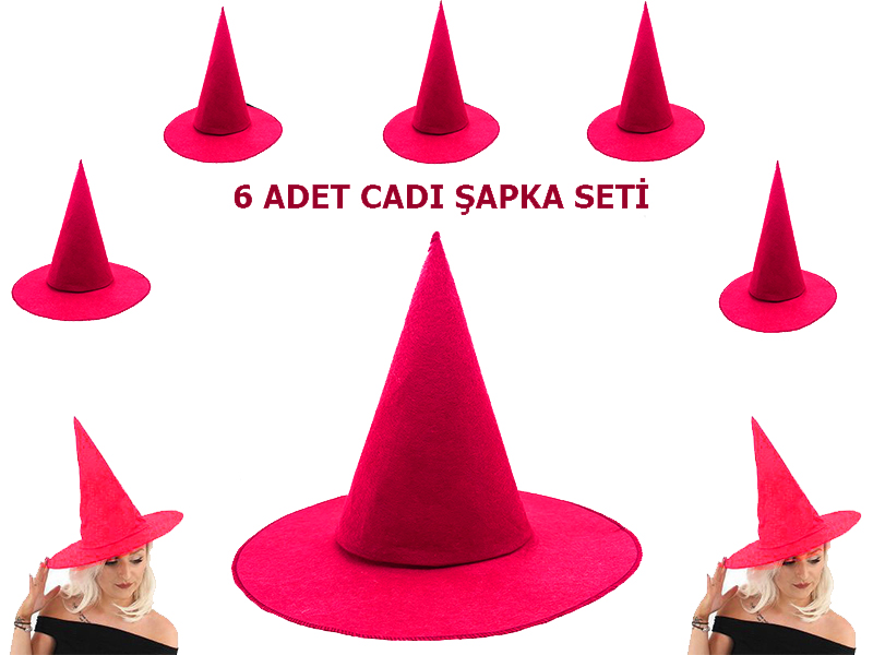 Fuşya Renk Keçe Cadı Şapkası 6 Adet