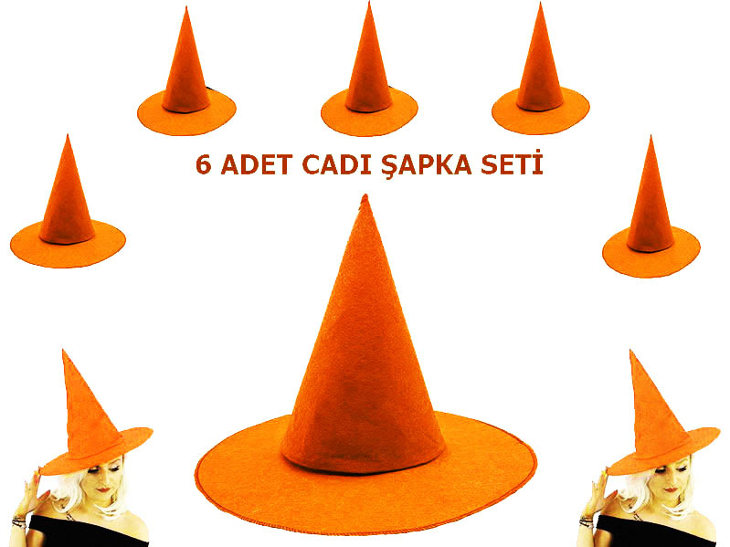 Turuncu Renk Keçe Cadı Şapkası 6 Adet