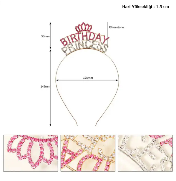 Kristal Taşlı Birthday Princess Yazılı Parti Tacı Pembe Renk  - 2