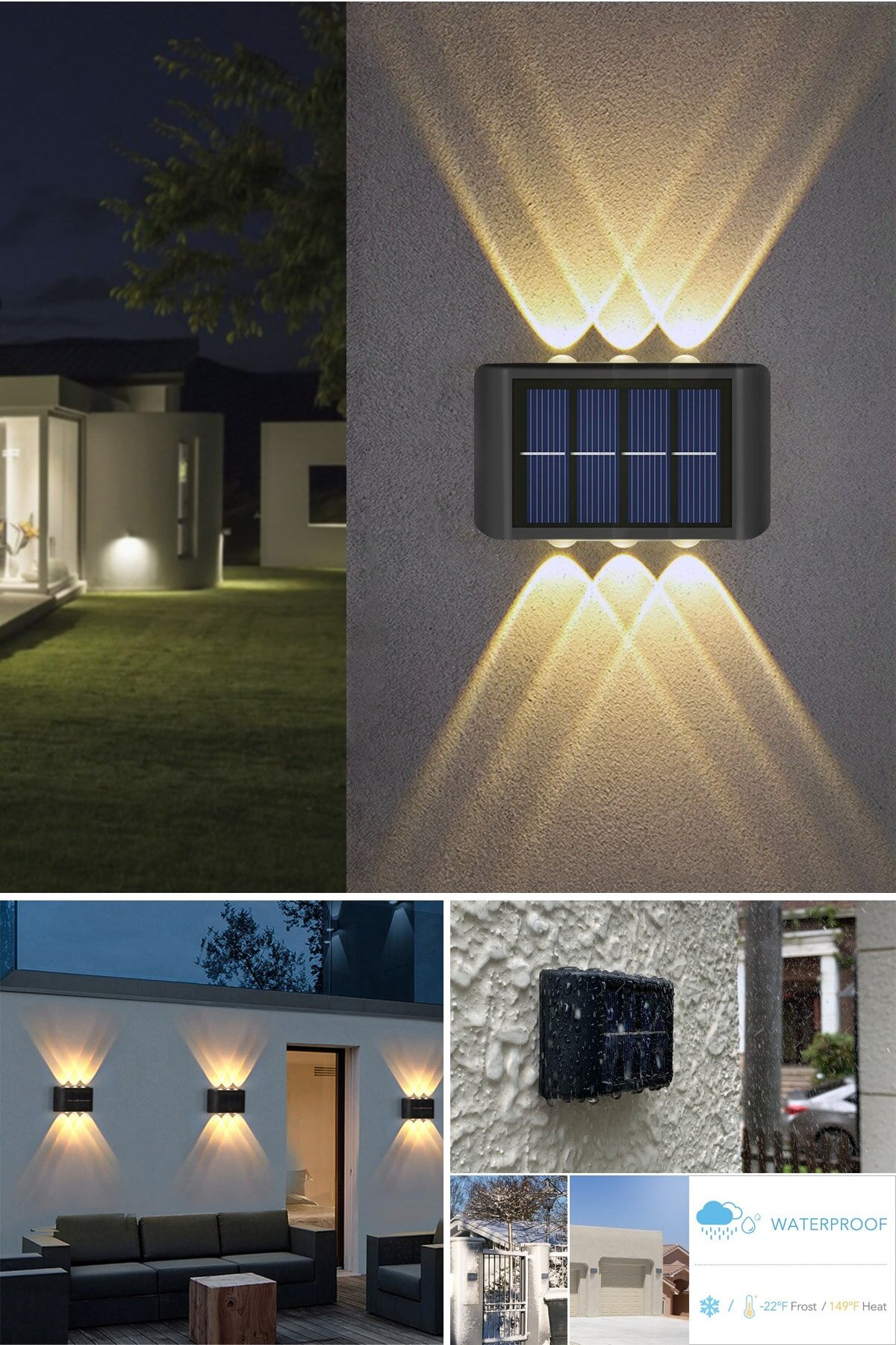 2'li Set Solar Duvar Lambası - 6 Ledli Aplik - Gün Işığı Rengi - IP65 Su Geçirmez 