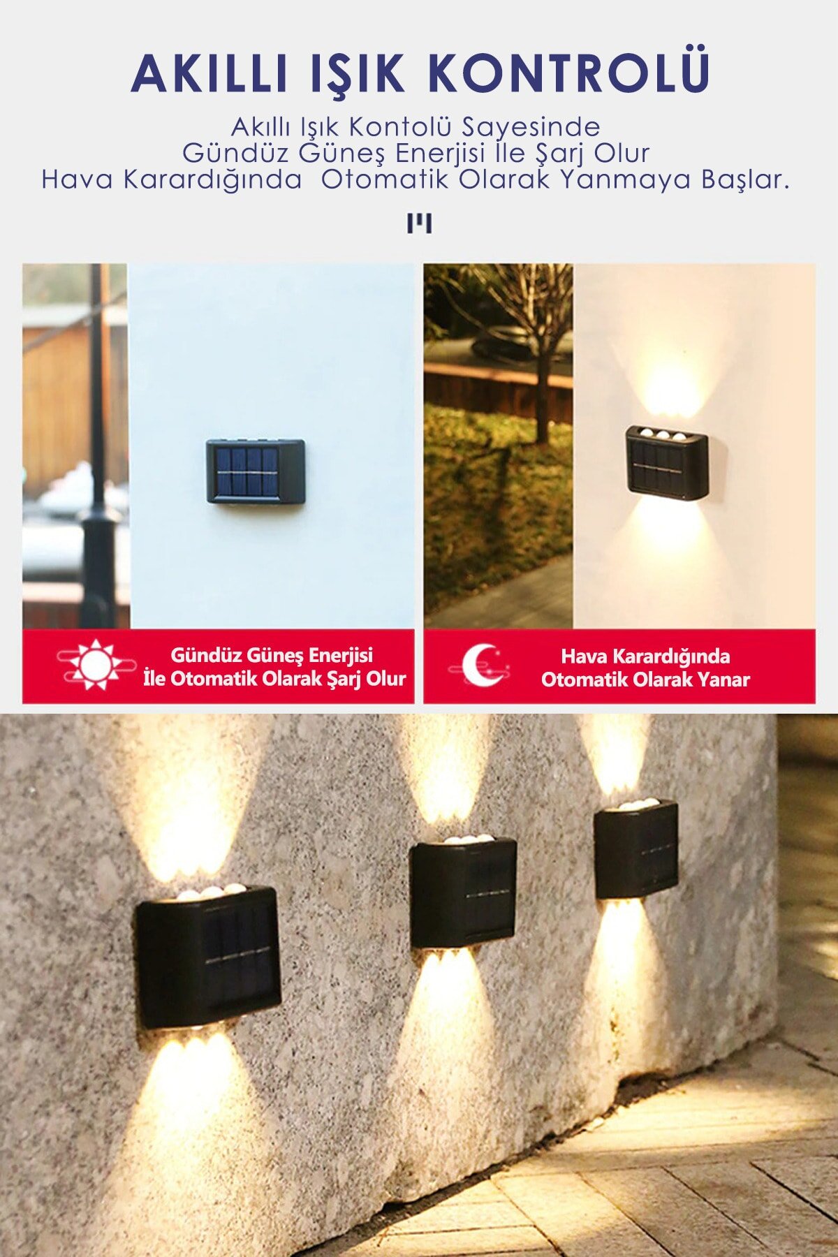 2'li Set Solar Duvar Lambası - 6 Ledli Aplik - Gün Işığı Rengi - IP65 Su Geçirmez  - 2