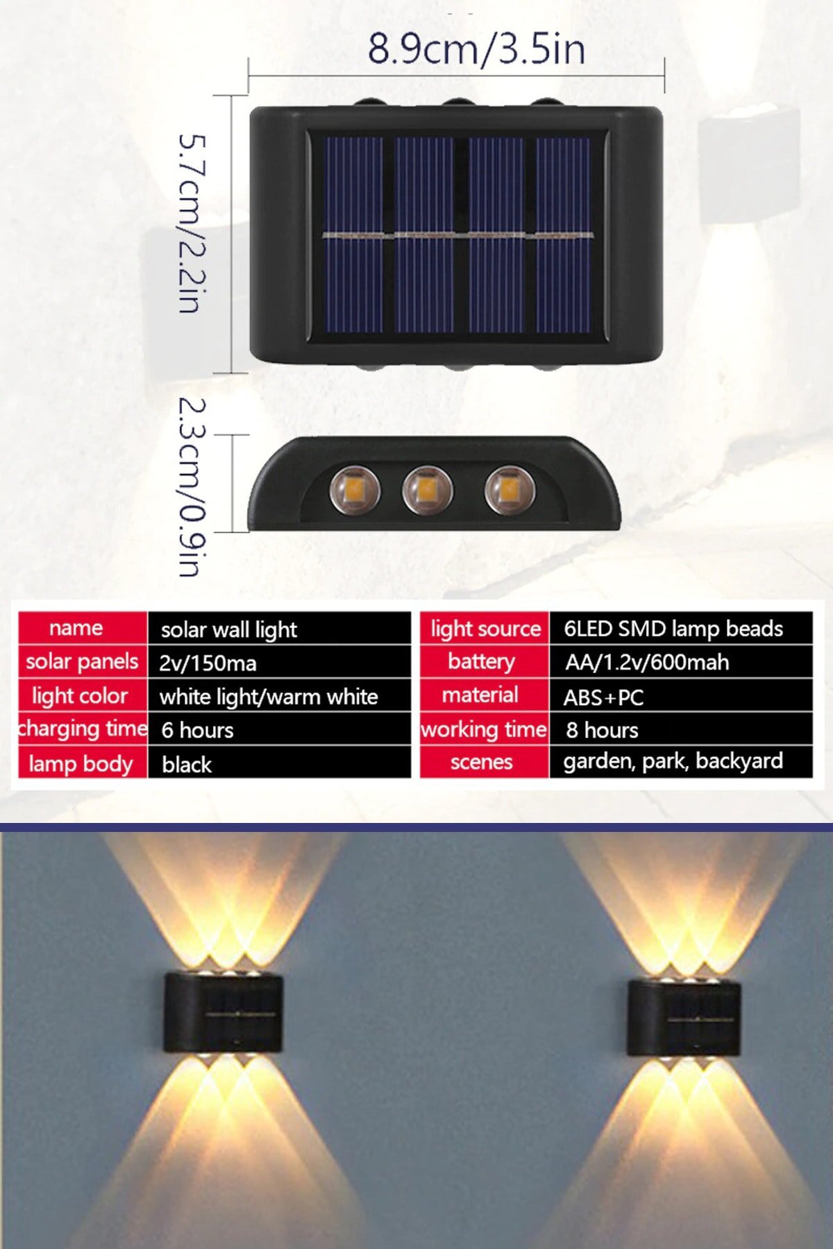 2'li Set Solar Duvar Lambası - 6 Ledli Aplik - Gün Işığı Rengi - IP65 Su Geçirmez  - 3