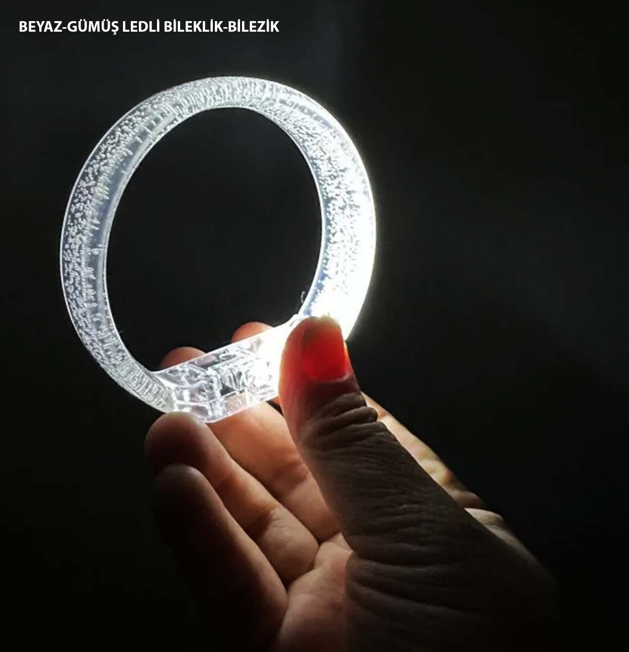 Beyaz-Gümüş Led Işıklı Baskı Yapılabilen Pilli Bileklik Bilezik