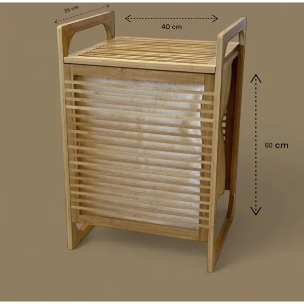 Orta Boy Ahşap Bambu Kirli Sepeti 40x35x60  - 2