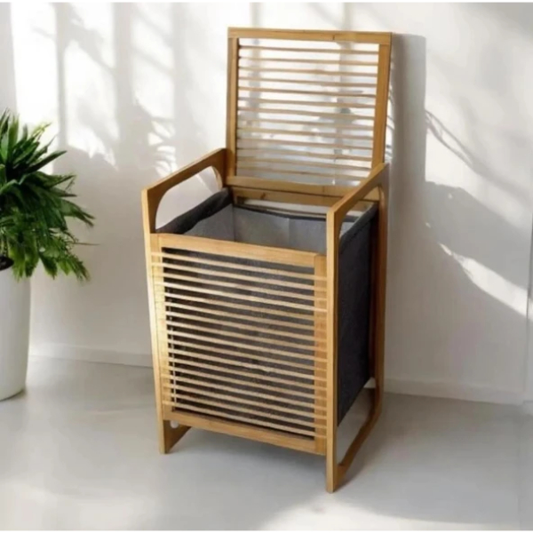 Orta Boy Ahşap Bambu Kirli Sepeti 40x35x60  - 3