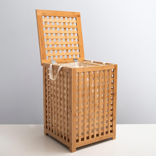 Büyük Boy Ahşap Bambu Kirli Sepeti 45x45x62  - 2